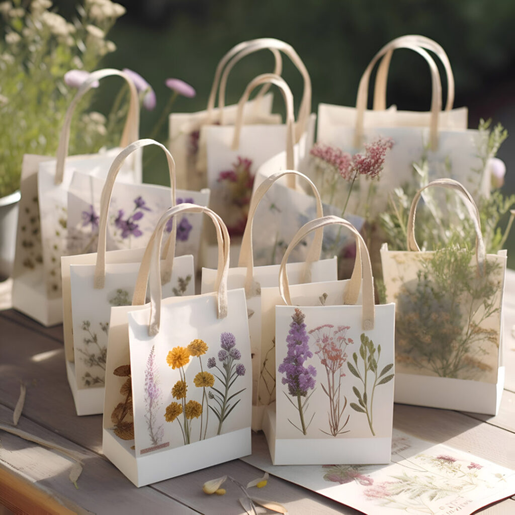 Handmade paper bags with flowers on the wooden table in the gard handmade ekologicke balenie
