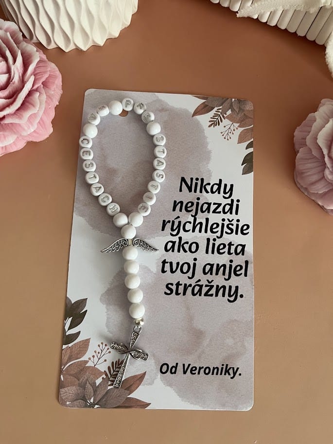 Mini ruženec do auta - Bielo strieborný - Pre šťastie na cestách