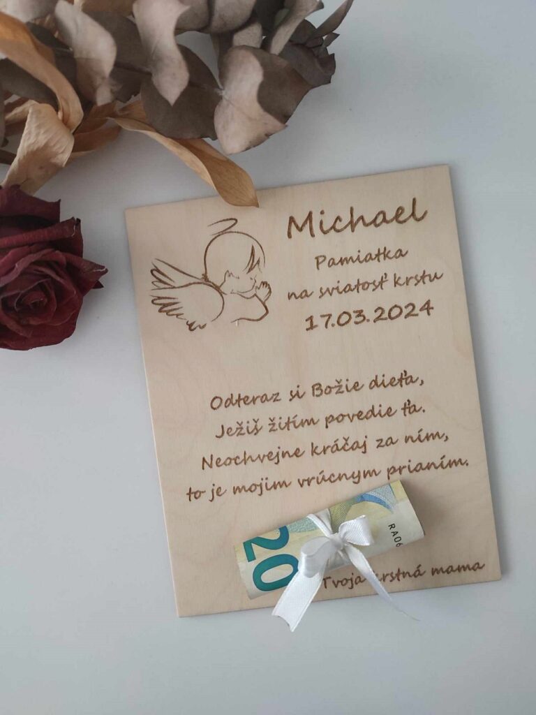 Drevená tabuľka na darovanie peňazí - Krst