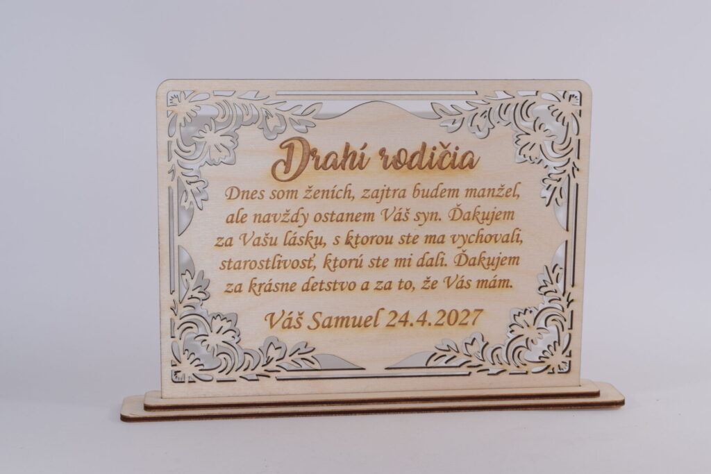 Drevené poďakovanie rodičom s gravírovaným venovaním