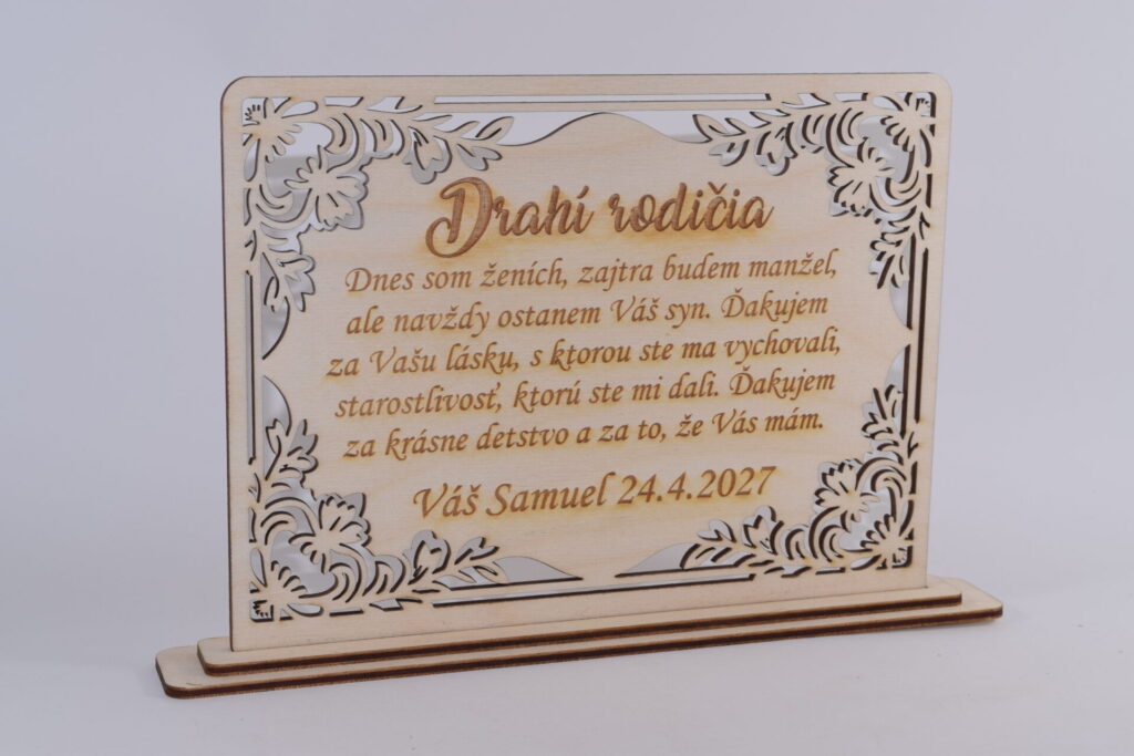 Drevené poďakovanie rodičom s gravírovaným venovaním