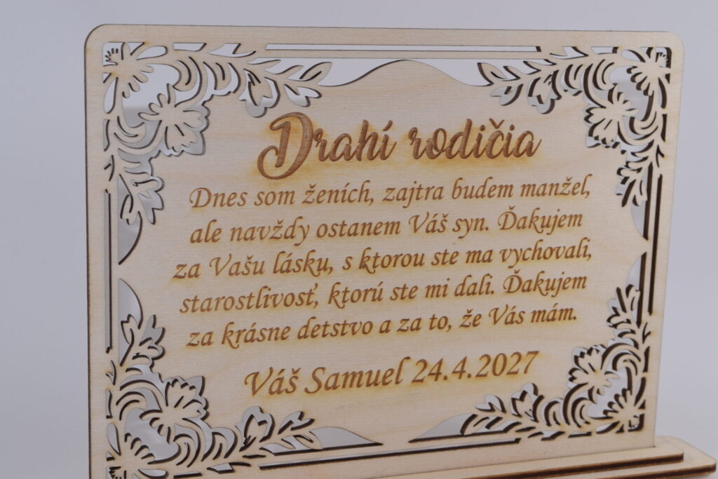 Drevené poďakovanie rodičom s gravírovaným venovaním