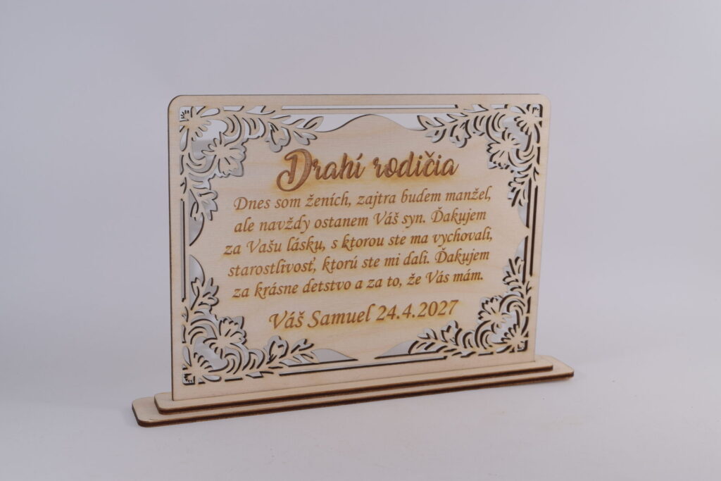 Drevené poďakovanie rodičom s gravírovaným venovaním
