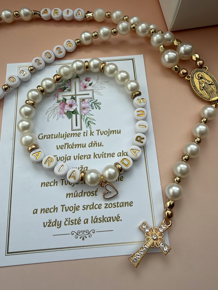 Perlový set ku krstu – ruženec s menom a náramok s menami detí