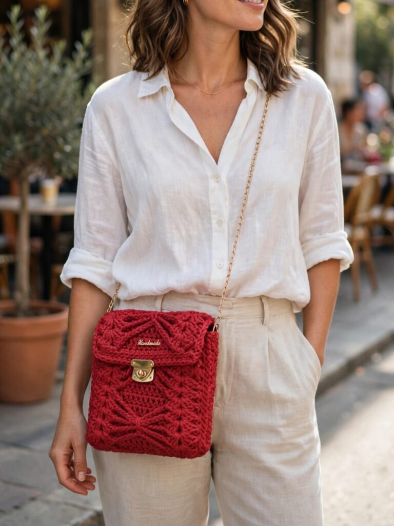 Ručne háčkovaná crossbody kabelka „Marina“ s výstužou (22,5 × 18 cm) červená