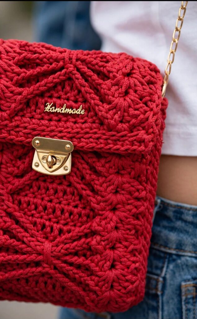 Ručne háčkovaná crossbody kabelka „Marina“ s výstužou (22,5 × 18 cm) červená